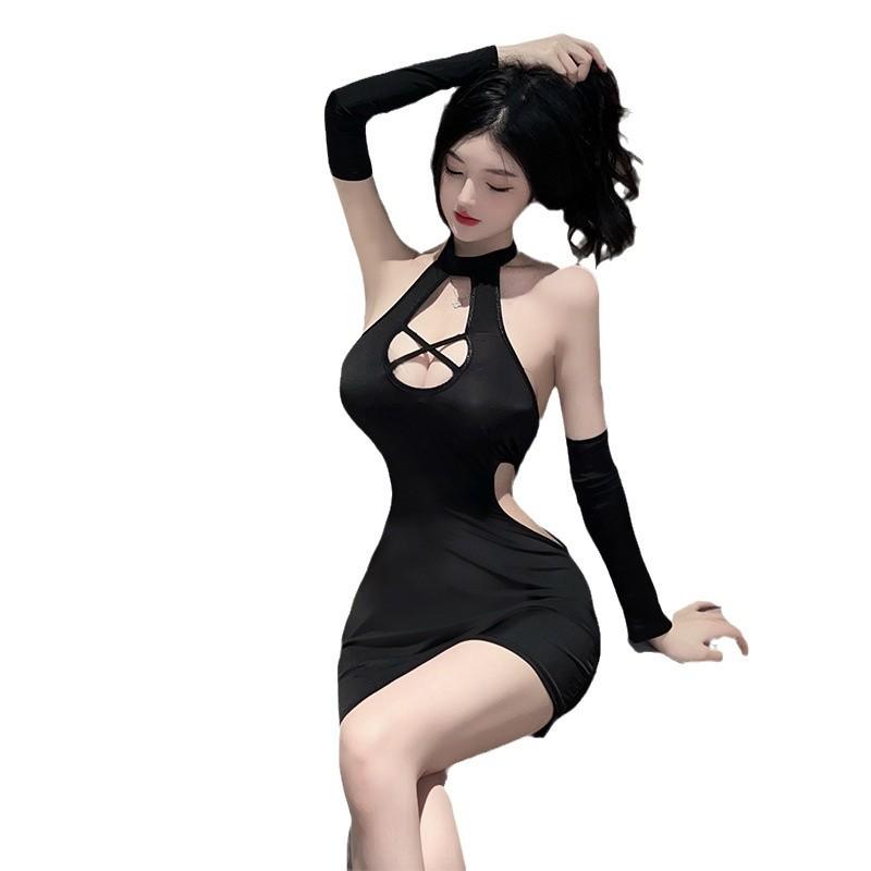 Sex Underwear Sexy Women's One-piece Cross-hanging Neck Perspective Cheongsam Nightclub Uniform Pajamas Set Hip Skirt