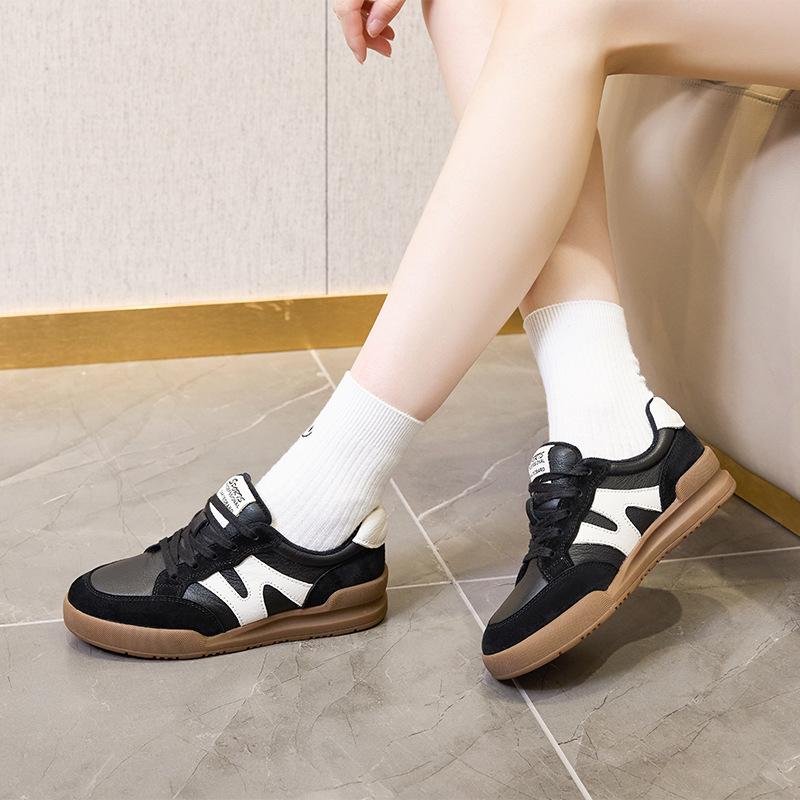 Spring leather sports shoes women's flat bottom women's color matching casual student shoes women