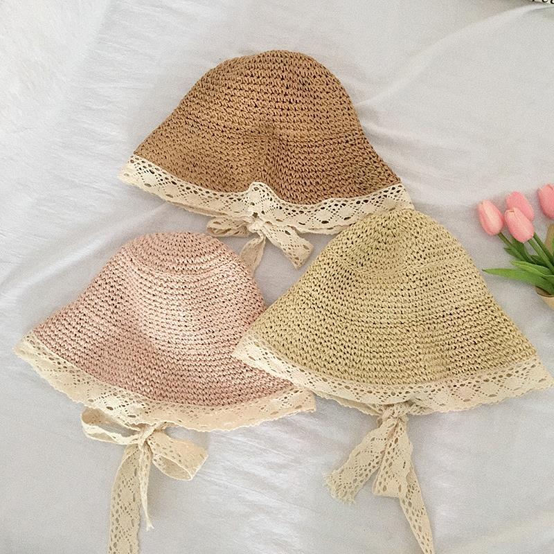 Summer Bucket Hat Women Lace Sun Hats for Wide Brim Straw Beach Side Cap Floppy Female Straw Hat Lace Solid Fringe Straw Hat