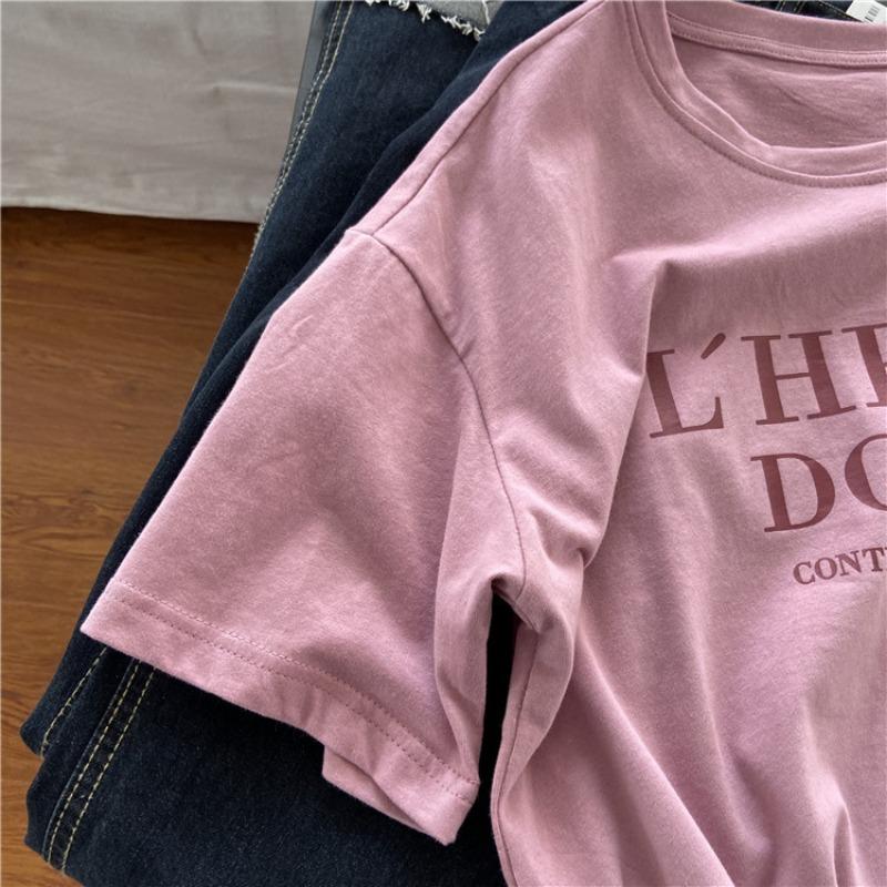 Pink Short Sleeve T-shirt Women's Loose Casual Round Neck Letter Print Thin Large Size Summer Top