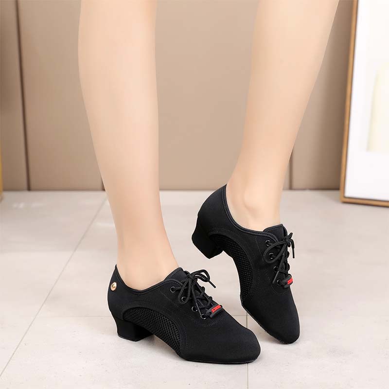 3.5cm Heel Women Soft Sole Latin Dance Shoes Suede Sole Spring Summer Black Breathable Dance Shoes