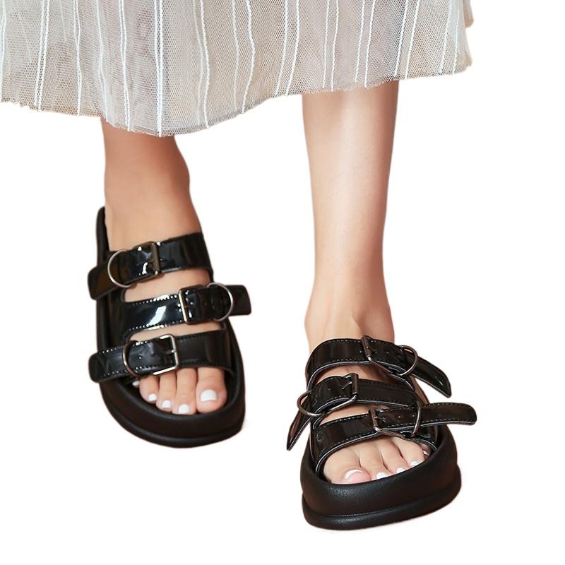 fashion 2024 New Women's Shoes Belt Buckle Women's Slippers Fashion Peep Toe Casual Slippers Women Hot Sale Round Toe Flat Slippers