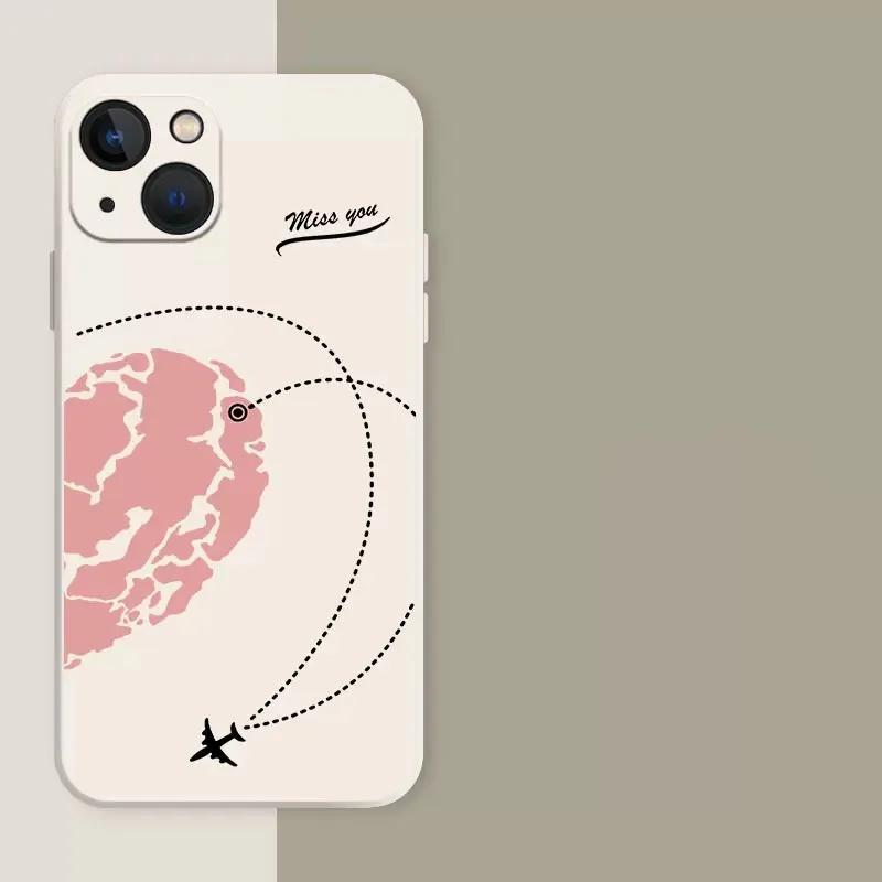 Airplane Route Love Couple Pattern Phone Case for iPhone 17 16 15 14 13 12 11 16E Series Pro Max Plus Double Layer Protection