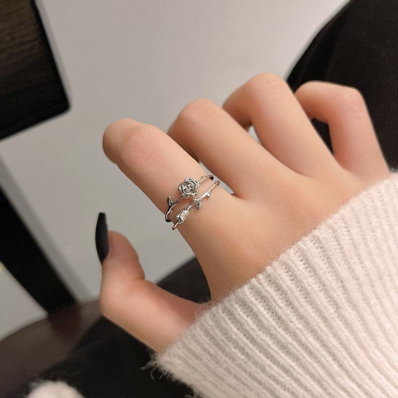 Silver Rose Flower Double Open Ring Women's Cold Wind Design Index Finger Ring Retro Jewelry