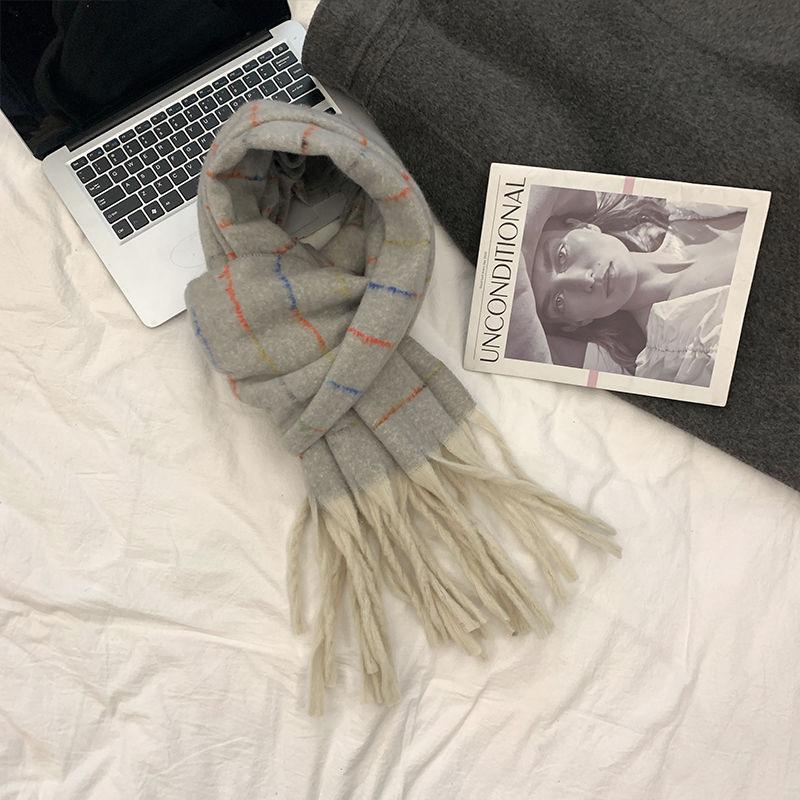 New High Sweet Plaid Dopamine Rainbow Gradient Striped Scarf for Women Autumn and Winter Warm Korean Student Sweet Scarf