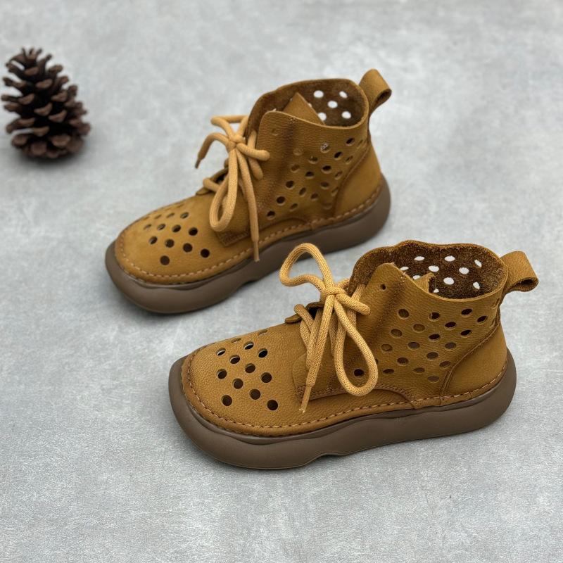 Johnature Sandały retro ręcznie robione ze skóry naturalnej, wydrążone, okrągłe noski, sznurowane, miękkie, skóra bydlęca, damskie buty