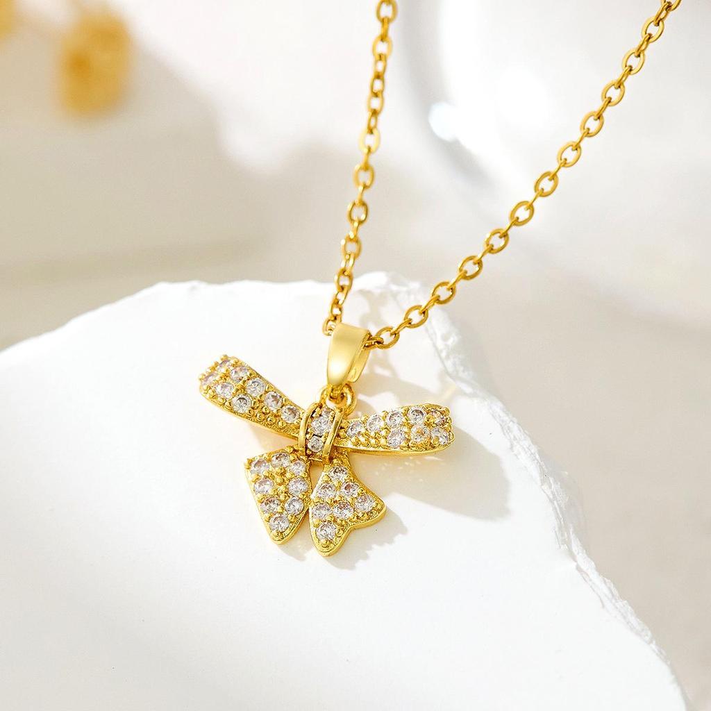 Sweet Zircon Bow Necklace - Women’s Titanium Steel Design