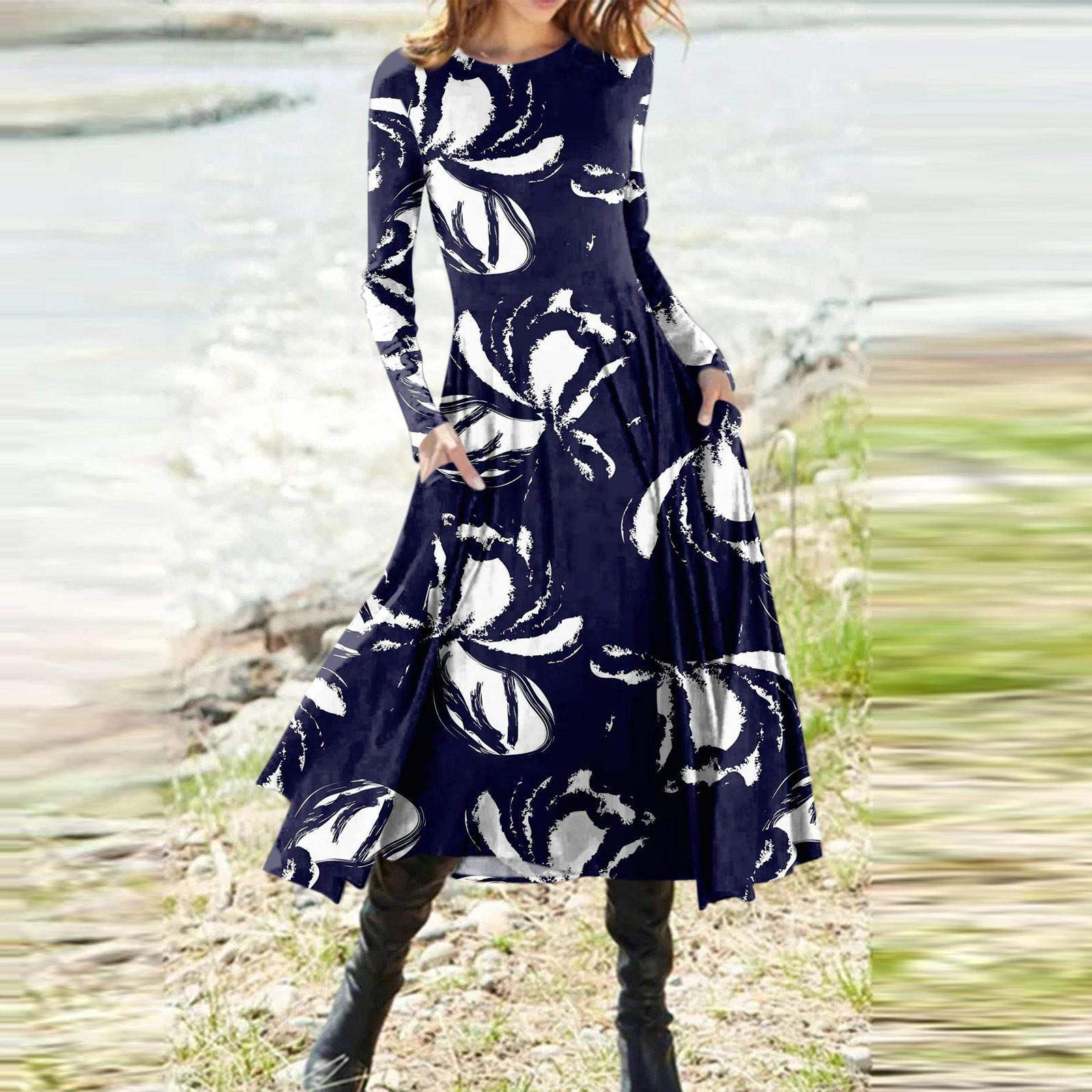 

Женская мода ретро с цветочным принтом с круглым вырезом и длинным рукавом, облегающее платье средней длины L