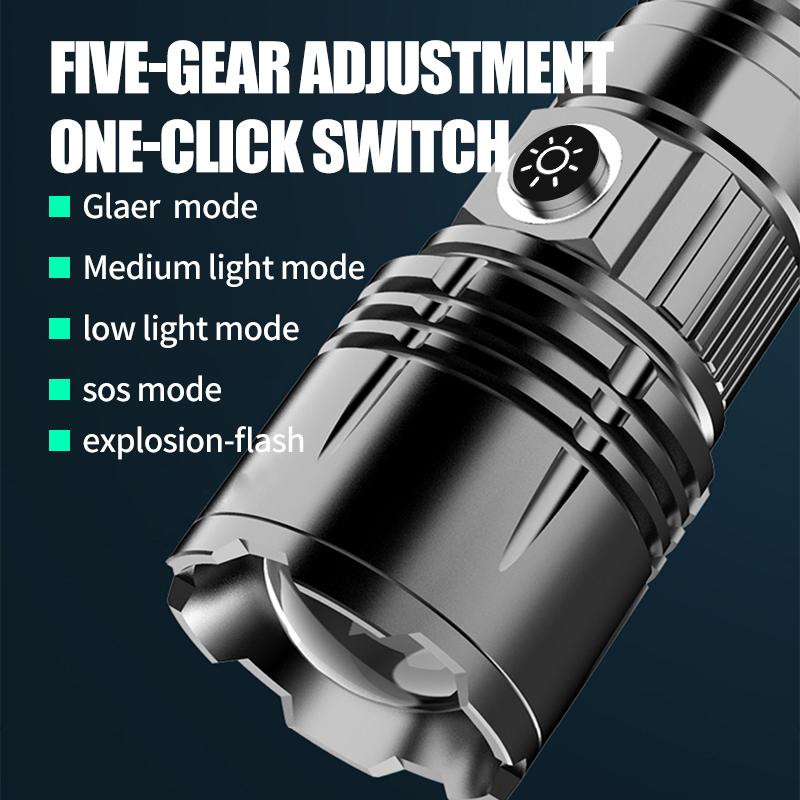 Hochleistungs-LED-Taschenlampe Typ-C Wiederaufladbar Zoom weißes Licht Tragbare Taschenlampe Outdoor Leistungsstarke Taschenlampe mit USB-Aufladung