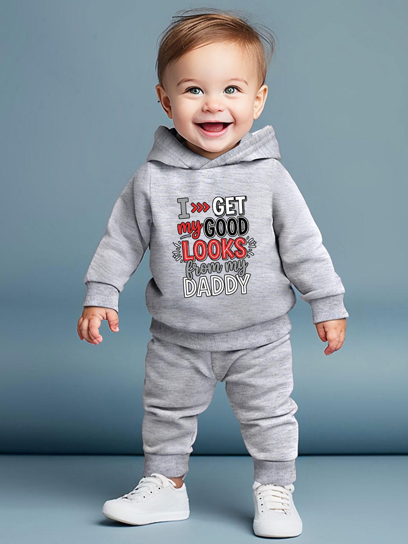 

Boys Two-piece Casual Outfit Set: Fun Graphic Printed Hooded Top with Elastic Waist Cuffed Pants, Cute Daily Outdoor Wear 6-9M серый