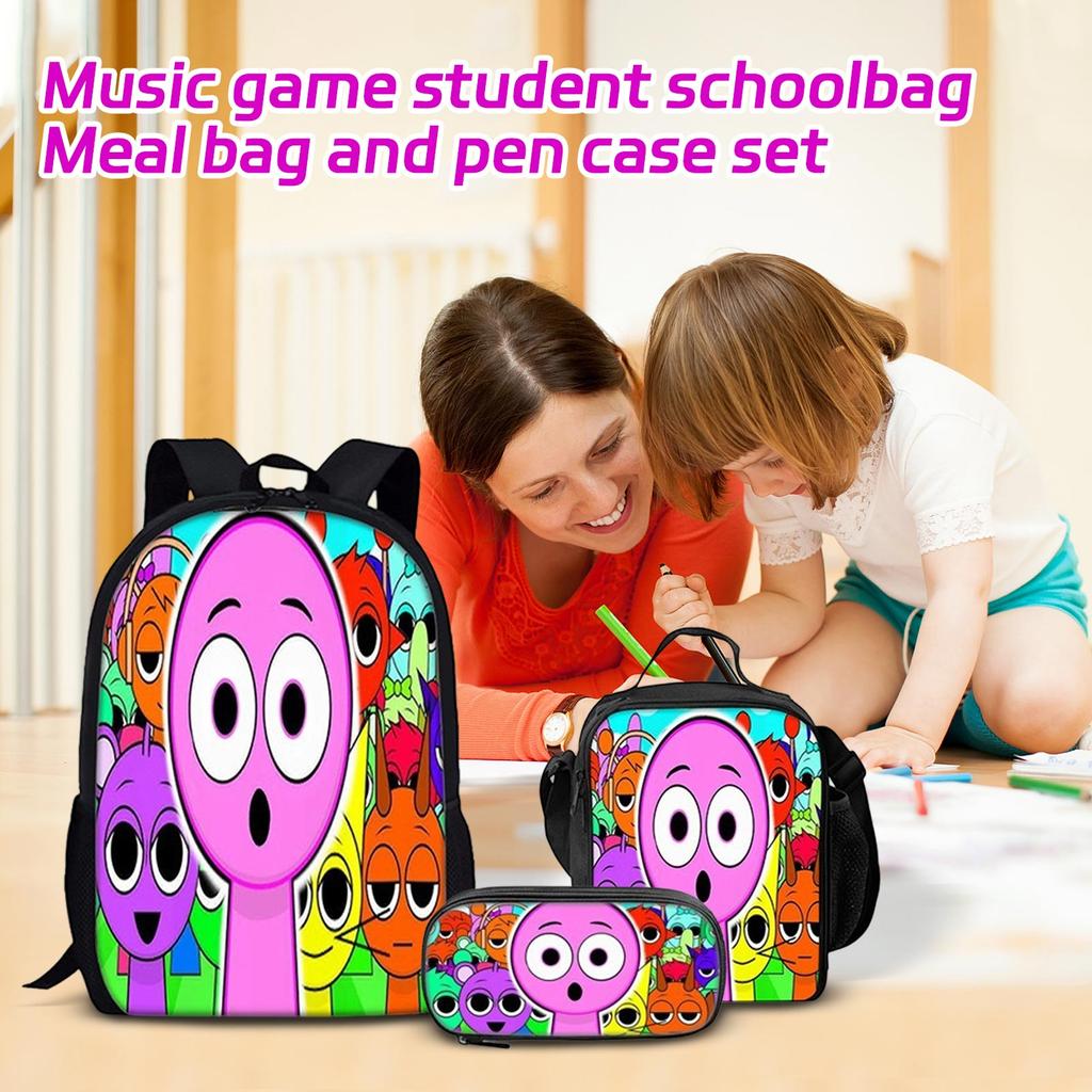 Box Printed Backpack Music Game Student Schoolbag Lunch Bag Pencil Case Set