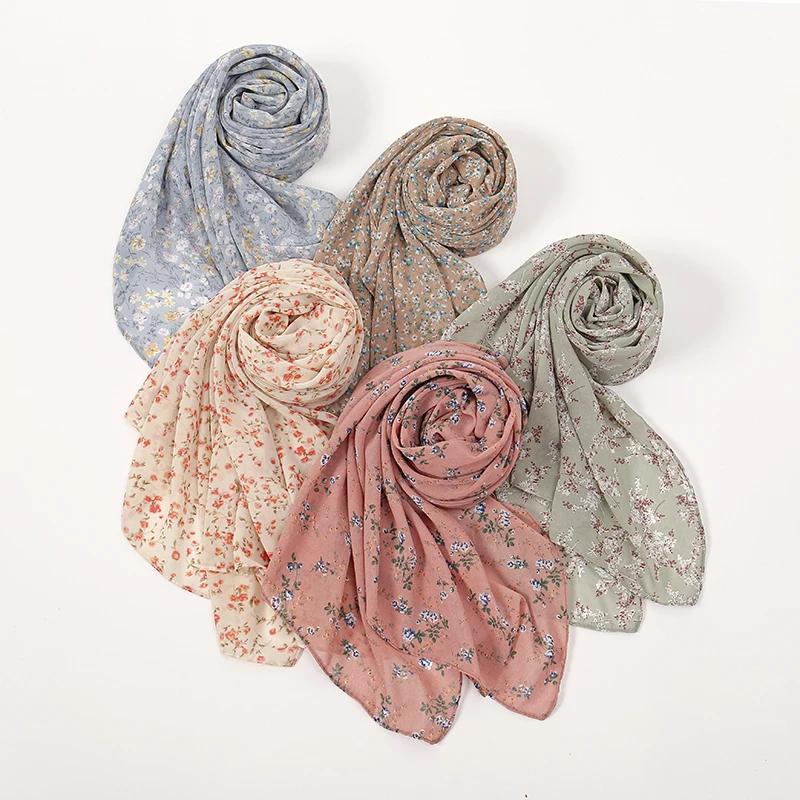 Floral Printed Bubble Chiffon Scarf Hijab Woman Muslim Hijab Long Shawl Maldives Women'S Headband Ramadan Islam Turban