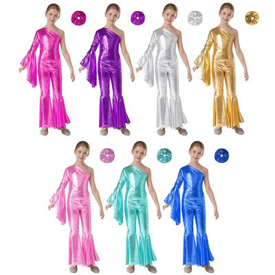 Meisjes Glanzende Wijde Broek Playsuit Metallic Disco Party Romper Jurk Jumpsuit Halloween Kostuum Flare Bell Bottom Sparkle Dans Leotards