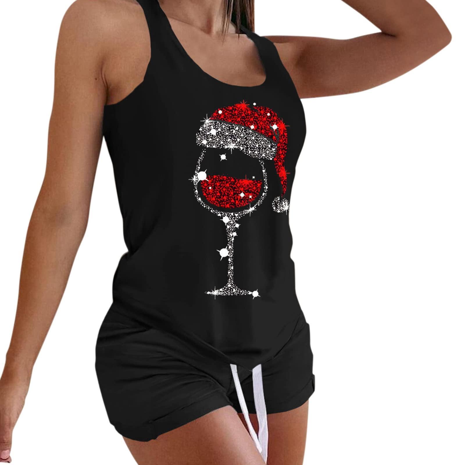 

Женский модный комплект, повседневный рождественский топ с принтом, майка, шорты, пижамный комплект без рукавов L чёрный