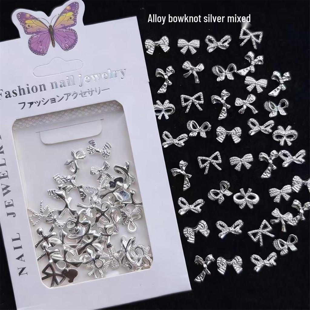 Mixed Alloy Nail Art Charms: Silver Bow, Hollow Butterfly, White K, Mixed Metal DIY Accessories