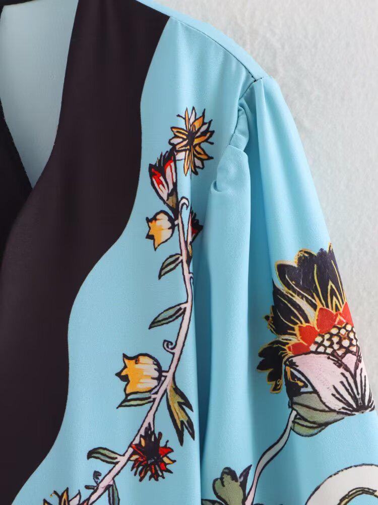 2025 Spring Women's European & American Backless Patchwork Print Waist Belt Long Dress