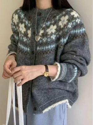 Women's Retro Color-Block Fair Isle Jacquard Cardigan - Autumn Loose Fit Sweater Coat