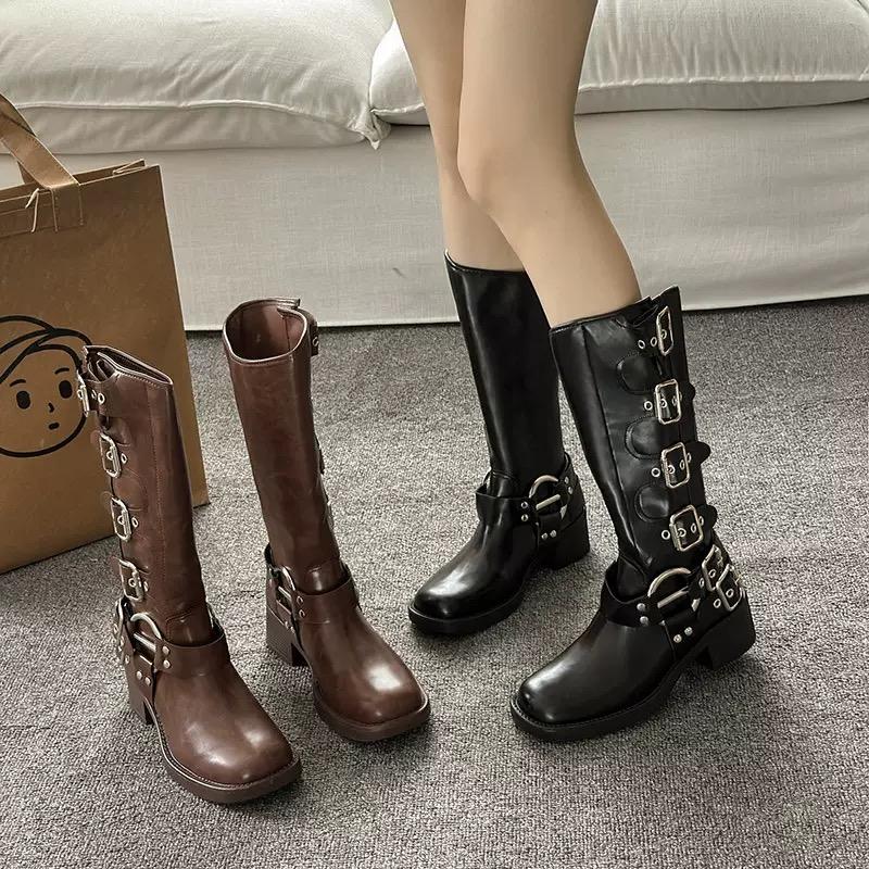 Vintage Woman Western Cowgirl Boot Fashion Belt Buckle Long Booties Autumn Winter Suqare Low Heel Girl Shoes