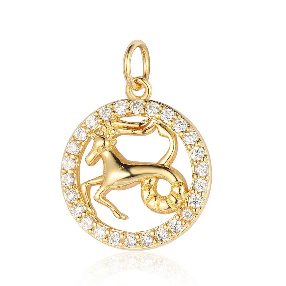 Zodiac Sign Copper Zricon Charm Round Constellation Capricorn Taurus Aries Pendant for Bracelet Necklace Making