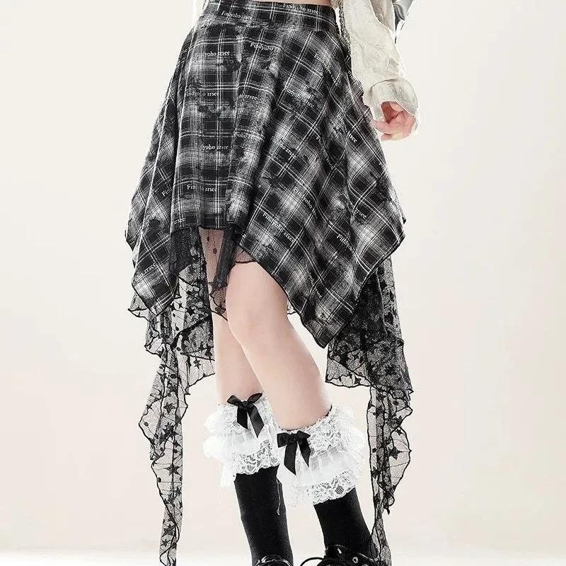 Womens Plaid Star Mesh Irregular Hem Skirt