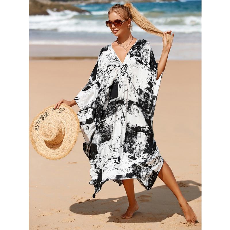 Damen Kleid Bedrucktes Strandkleid Lockeres Übergröße Urlaubs-Bikini-Oberhemd