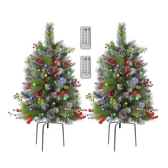 Lighted Artificial Christmas Urn Filler Battery Operated Pre-lit Xmas Pine Trees with Tripod Stake