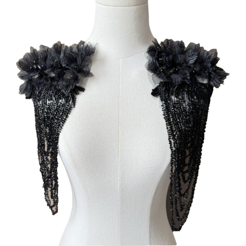 1PC DIY Accessories Hand-sewn Beads Flowers Black DIY Tassel Shoulders Decoration DIY Patch Accessories Wedding Dress Clothes