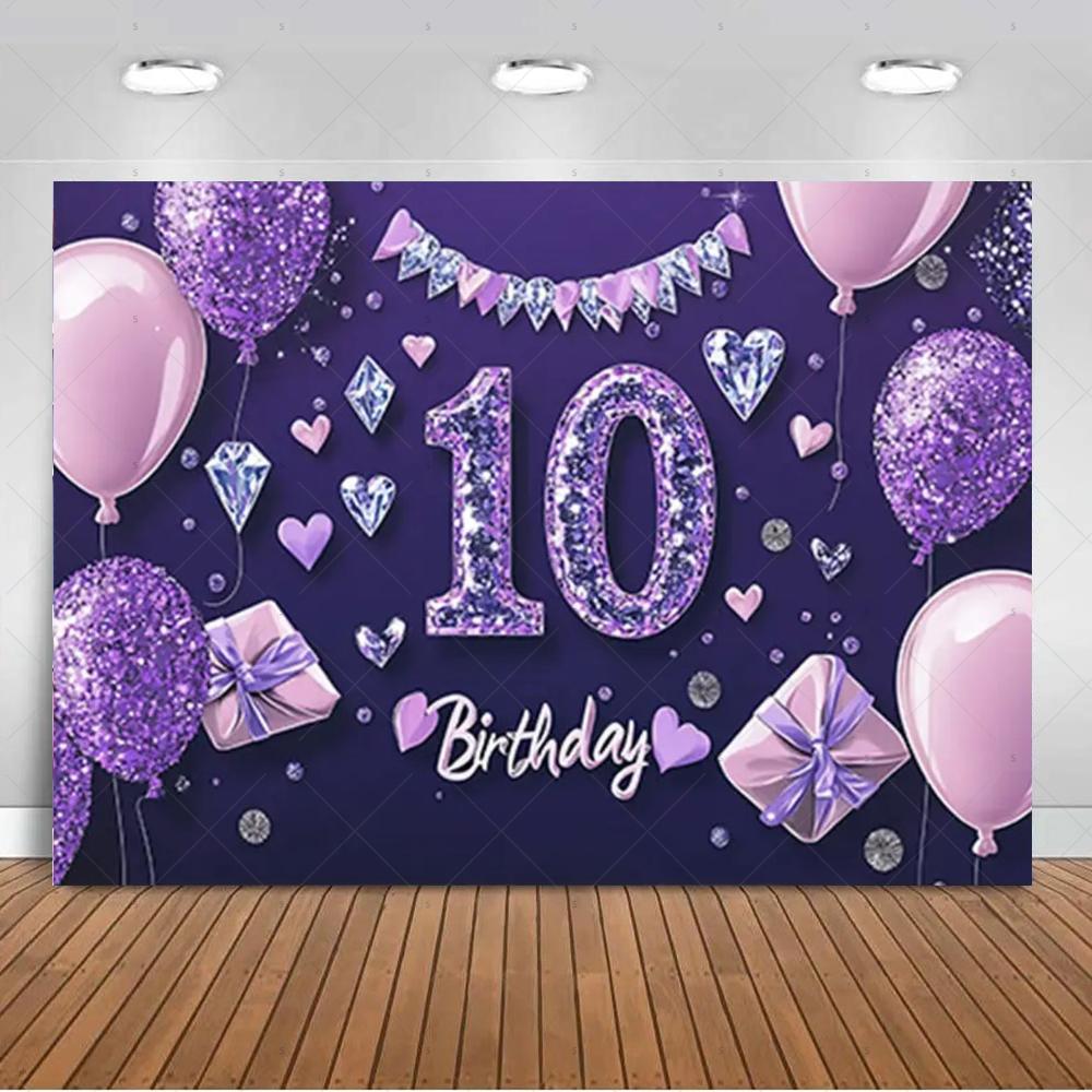 10th Birthday Party Decoration Backgound Surprise Colorful Glitter Balloon Gift Banner Boys Girls Happy Photography Studio Prop