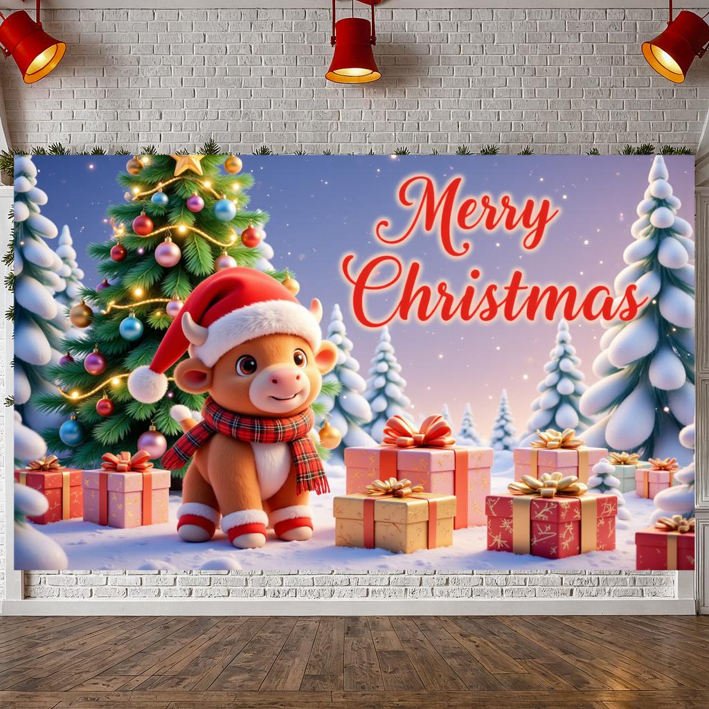 Xmas Backdrop Gift Box Decor Winter Celebration Banner Santa Cow Banner Red & Green Holiday Background For Christmas Party Home