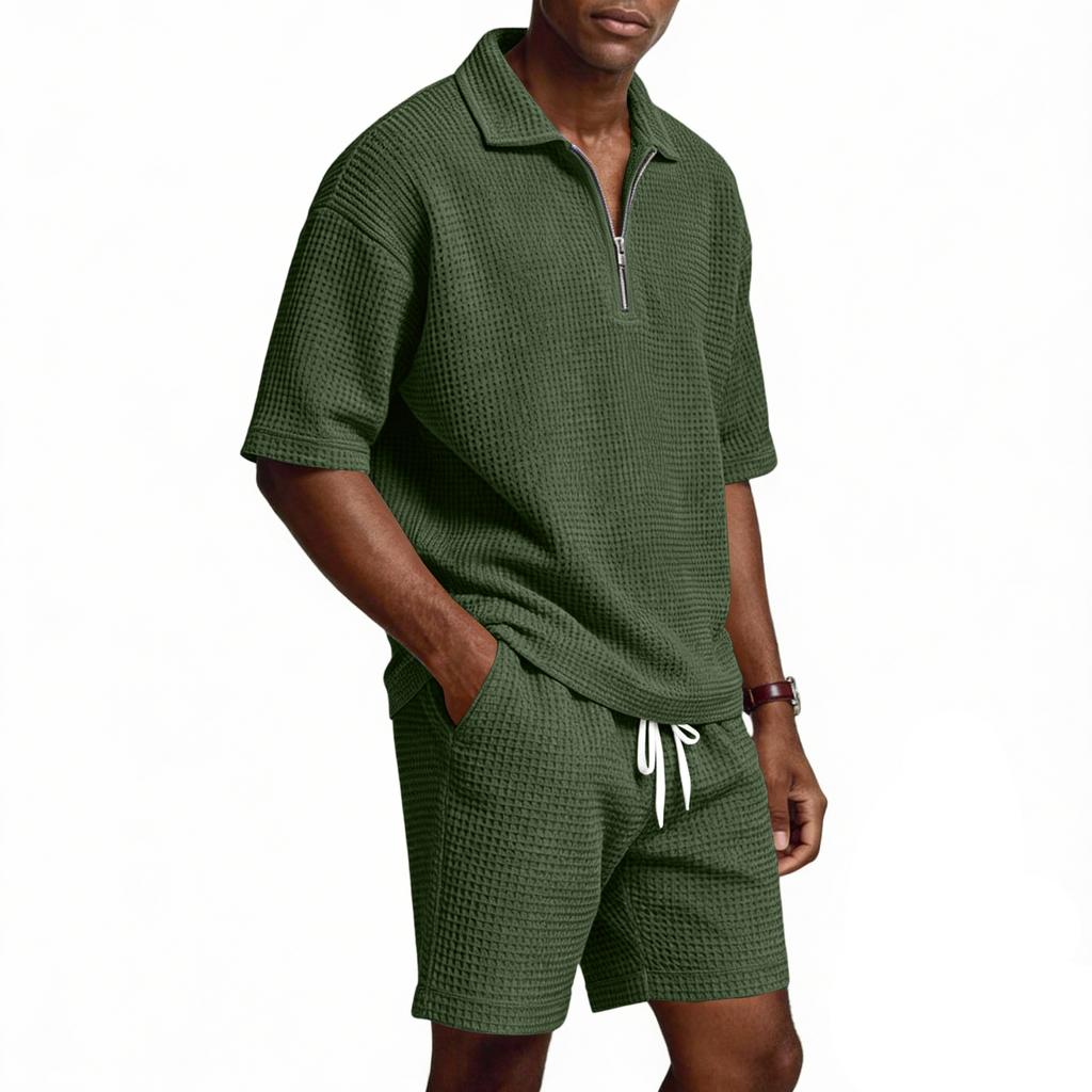 Men's Summer -color Quarter-zip Casual Loose Short-sleeved Short Pants Set