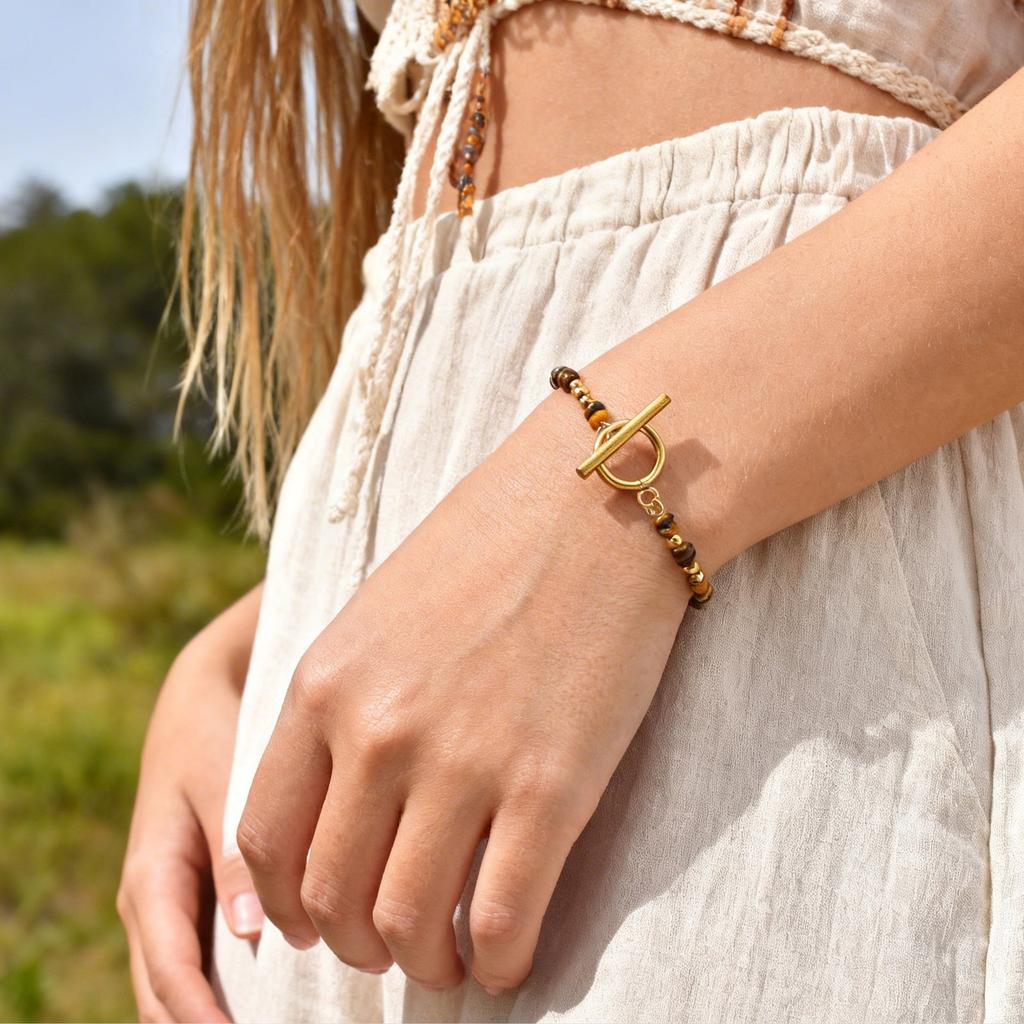 Niche Design Fashionable Color Natural Stone Beaded Stainless Steel Rice Bead Ot Buckle Bracelet Female Br-3051