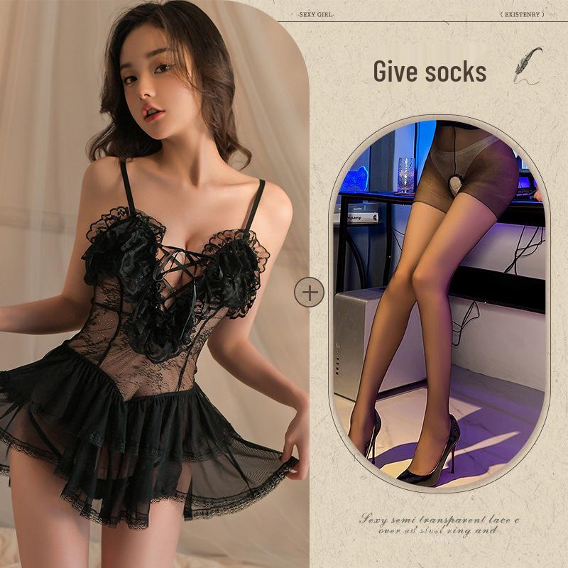 Sexy Lace Suspender Nightgown - Deep V, Temptation, Hollow-Out Thin Strap