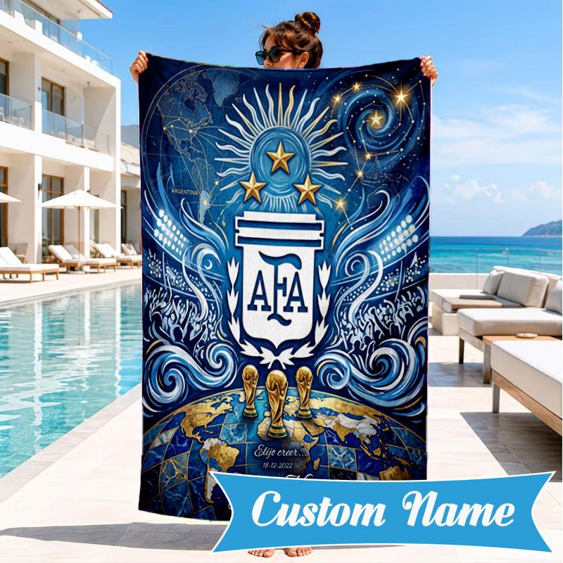 Custom Name Argentina Football Crest Personalized Microfiber Beach Towel, Quick-Dry, Ideal for Summer Travel, Beach Essential, Swimming
