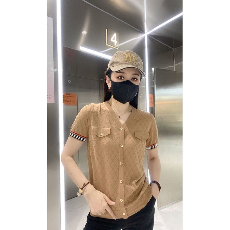 

2025 Summer New Arrival Fashion Thin Silm Casual All-Match Rhombus V Neck Short Sleeve Tops Women s Knitwear T-shirt CAMEL M