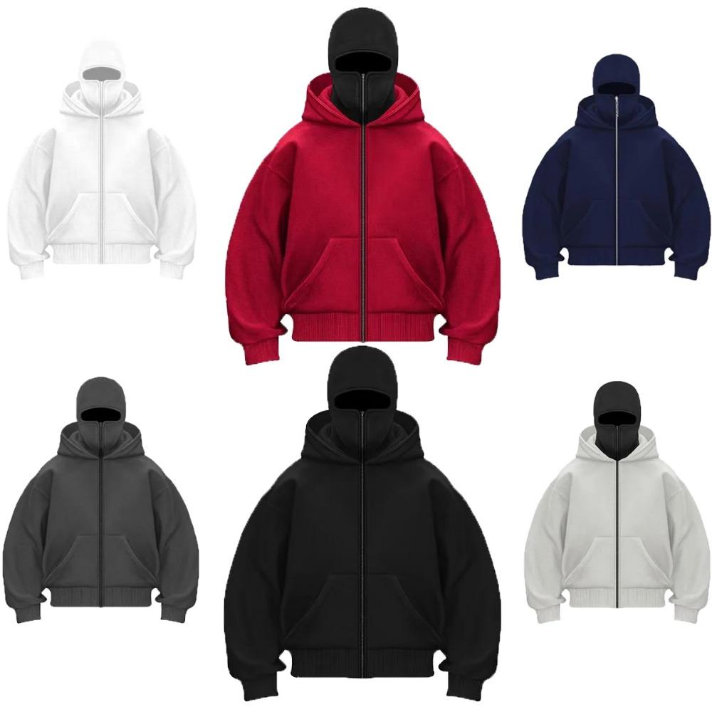 Men Hip Hop Double Hat Balaclava Hoodie Windproof Zipper Face Mask Sweatshirt Streetwear