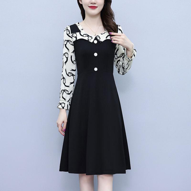 

Женское лоскутное платье с длинным рукавом и принтом, женские платья-миди трапециевидной формы с квадратным воротником и рукавами на пуговицах 5XL чёрный