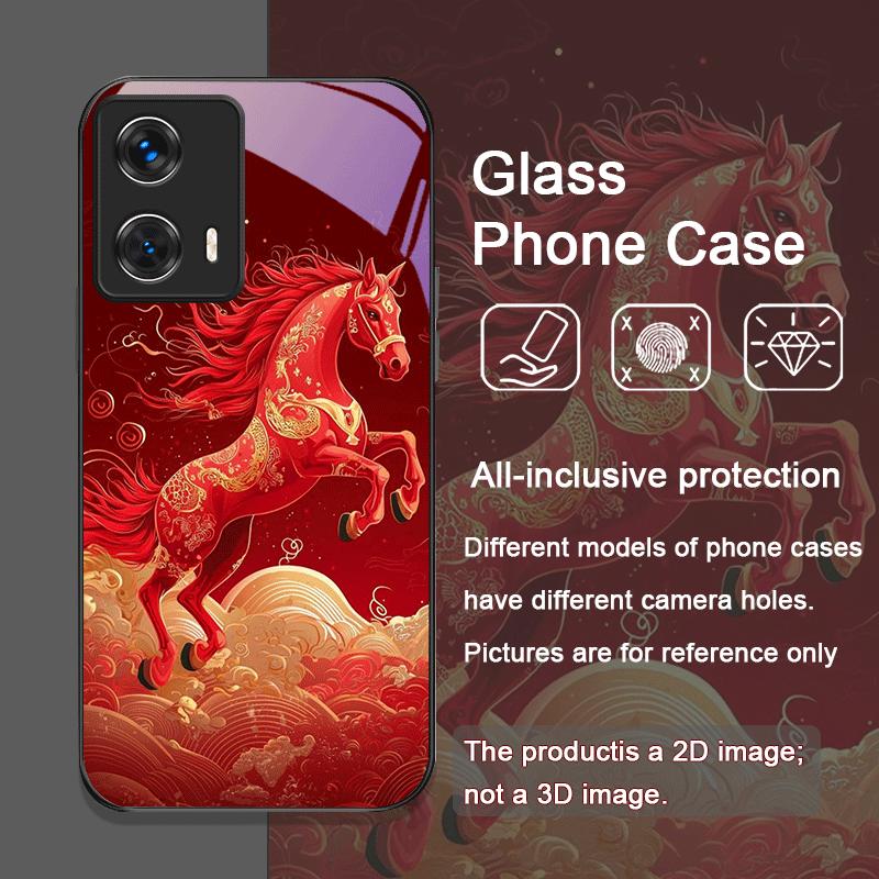 Elegante Custodia in Vetro Temperato Stile Cinese con Stampa Cavallo Rosso per Motorola Moto Edge 50 Fusion 40 Neo 30 Pro G85 G84 G75 Cover