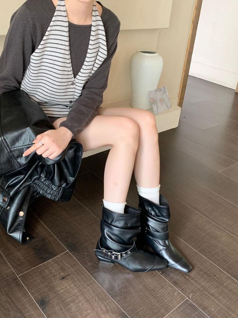 Autumn new thick heel retro stacking boots square head pleated belt buckle short boots