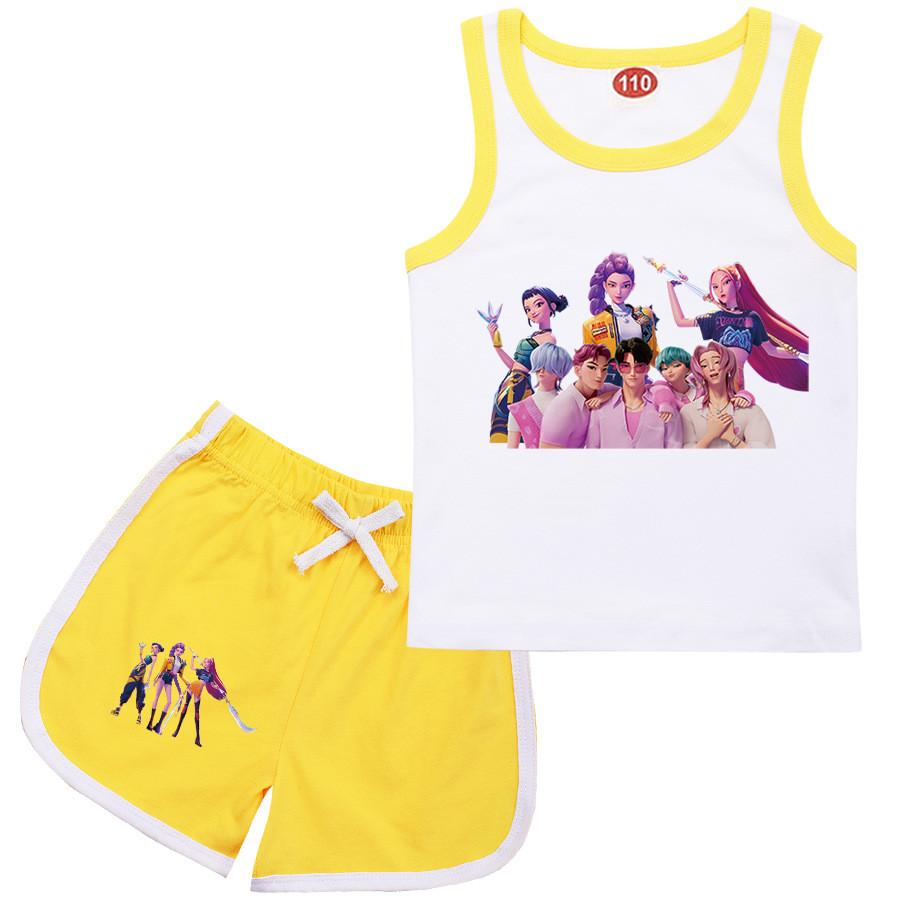

Kids Girls Anime Cartoon K-Pop Rumi Printed Cotton Sleeveless T-Shirt Tank Top Shorts Clothes Set 130cm жовтий