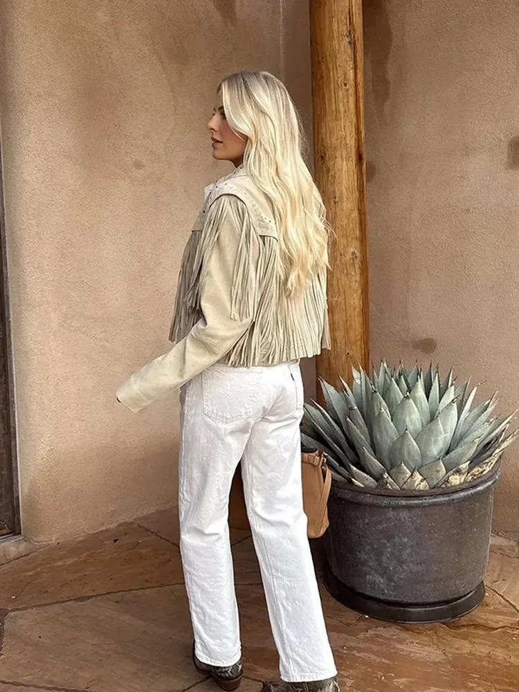 Short Pu Suede Jacket Women Fashionable New 2025 Long Sleeve Tassel Lapel Collar Cropped Slim Coat Lady Street New Outerwear