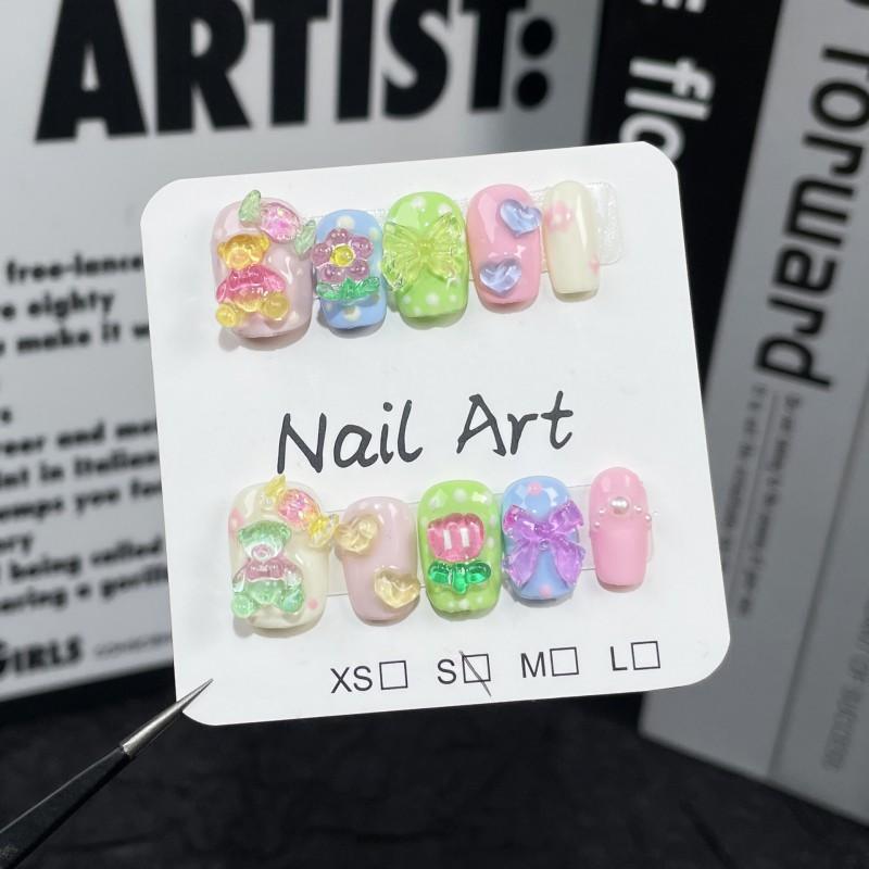 Sweet Cute Cartoon Press-On Nails Short Almond Shape Self-Adhesive Nail Tips Women Girls