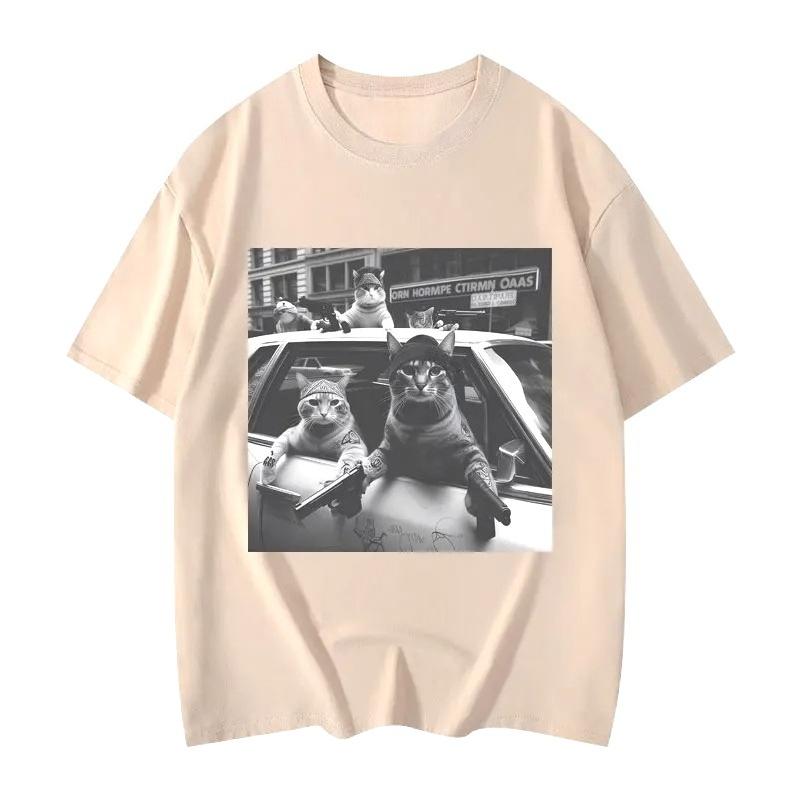 2025 Autumn and Winter American Men's and Women's Fun Cat Print T-shirt Pure Cotton Round Neck Comfortable High-quality T-shirt