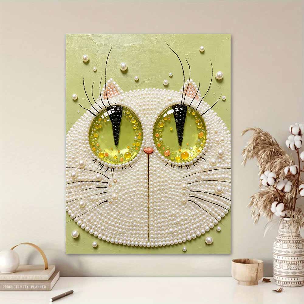 Creative DIY Framed Pearl Art Kit with Cute White Cat Pattern Sparkling Bead Canvas Ready to Display Relaxing Gift for Adults Craft Decor