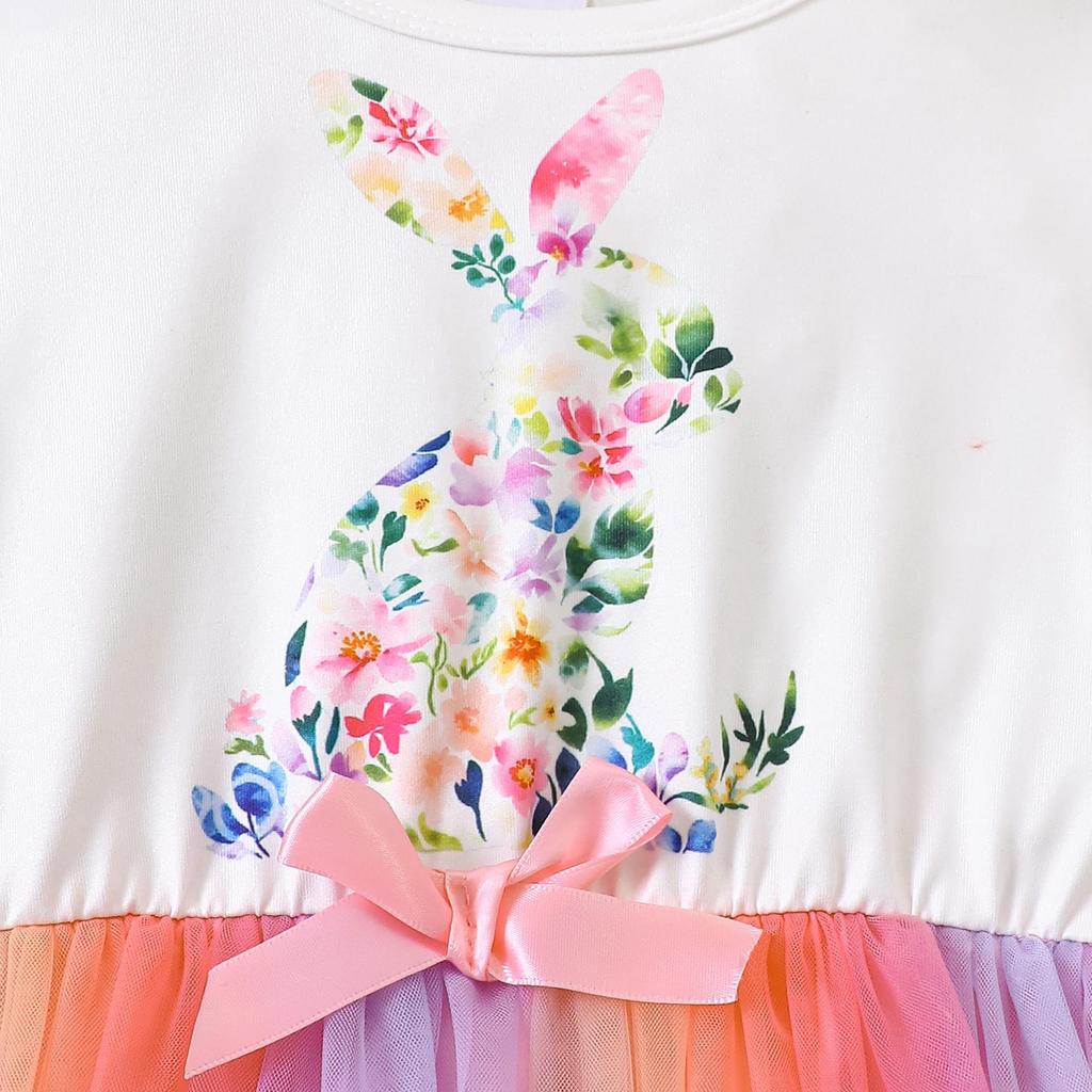 Girls' Easter Dress with Floral & Rabbit Print, Puff Sleeves, and Ribbon Bow