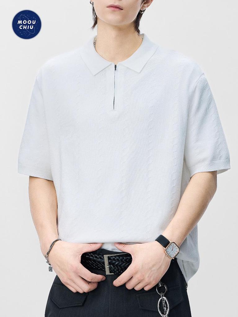 Mu Qiu Men's Half-Zip Cable Knit Polo Shirt | Old Money Style Short Sleeve Lapel Casual Knitwear