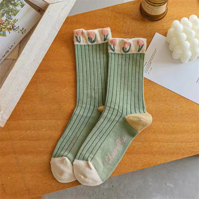 New Women Socks Korean Style Tulip Flower Casual Socks Girls Cute Sweet Breathable Kawaii Crew Socks