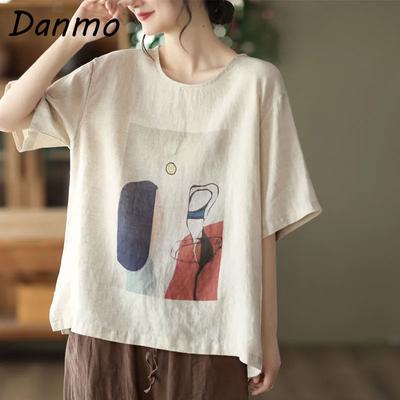 Danmo Summer Fashion Short Sleeves T Shirt Tops Casual Loose Printed Cotton Linen Shirt Top Blouse for Women Plus Size