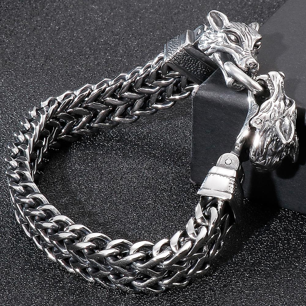 Men's Double Wolf Head Bracelet Man Vintage 12MM Width 316l Stainless Steel Punk Chain Gothic Animal Jewelry Accessory for Men