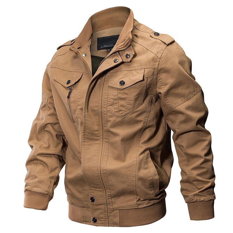 Men's Khaki Utility Jacket with Multiple Pockets, Zipper Button Front, Ribbed Cuffs and Hem