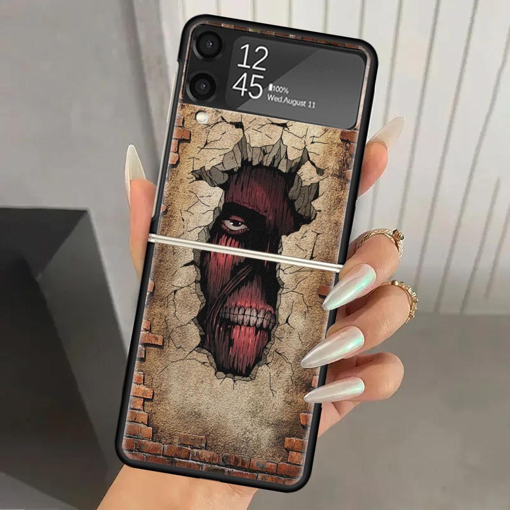 Attack Anime Hard PC Phone Case For Samsung Galaxy Z Flip 7 6 5 4 3 Black ZFlip7 ZFlip6 Flip5 Flip4 Flip3 5G Print Cover Galaxy